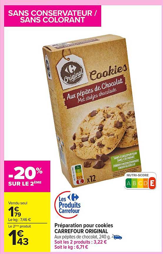 Préparation pour cookies CARREFOUR ORIGINAL Aux pépites de chocolat, 240 g.