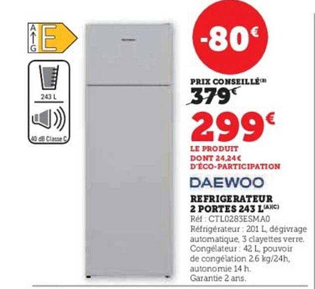 Réfrigérateur 2 portes 243 L DAEWOO