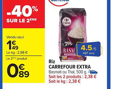 Riz CARREFOUR EXTRA Basmati ou Thaï, 500 g