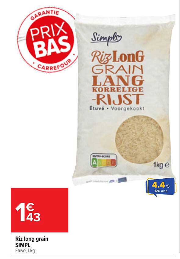 Riz long grain SIMPL - Étuvé, 1 kg