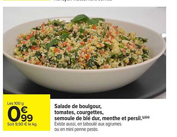 Salade de boulgour, tomates, courgettes, semoule de blé dur, menthe et persil.