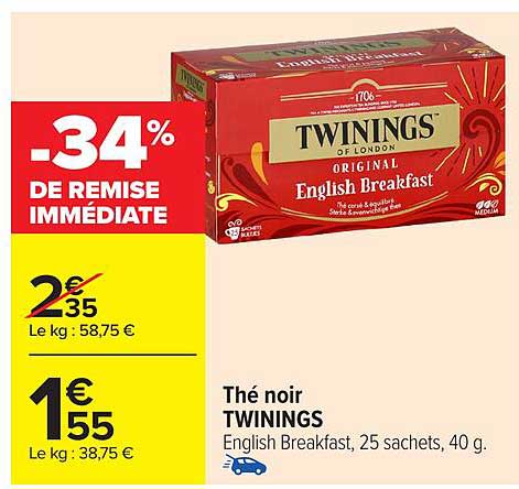 Thé noir TWININGS English Breakfast, 25 sachets, 40 g