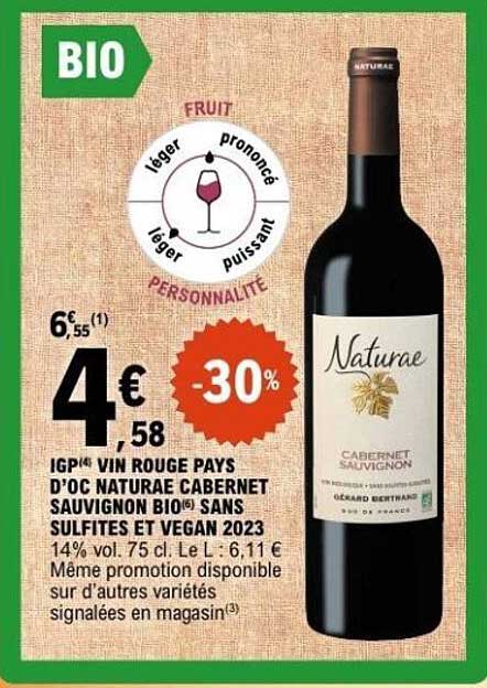 IGP Vin Rouge Pays d'Oc Naturaé Cabernet Sauvignon BIO sans sulfites et vegan 2023