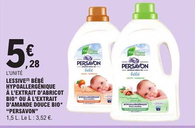 LESSIVE(BÉBÉ) HYPOALLERGENIQUE À L'EXTRAIT D'ABRICOT BIO OU À L'EXTRAIT D'AMANDE DOUCE BIO "PERSAVON"