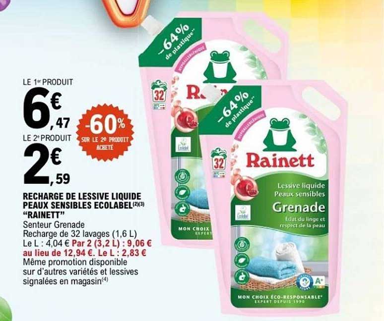 Recharge de lessive liquide Peaux Sensibles Ecolabel 2L "Rainett"