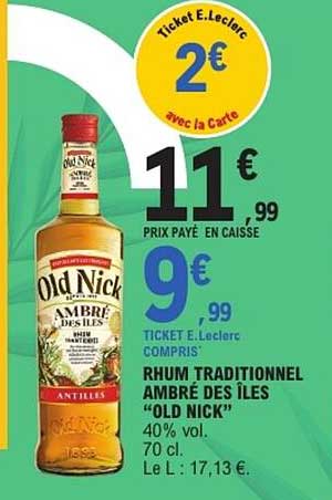 Rhum traditionnel ambré des îles "Old Nick" 40% vol - 70 cl