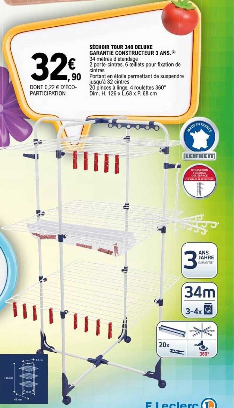 SÉCHOIR TOUR 340 DELUXE GARANTIE CONSTRUCTEUR 3 ANS.