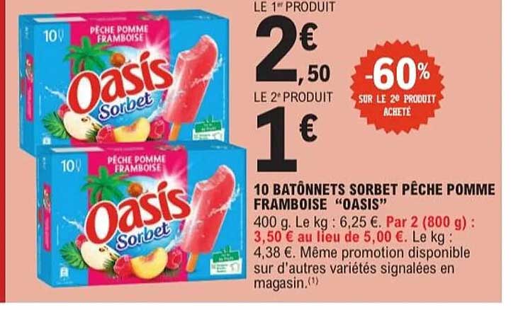 10 bâtonnets sorbet pêche pomme framboise “OASIS”