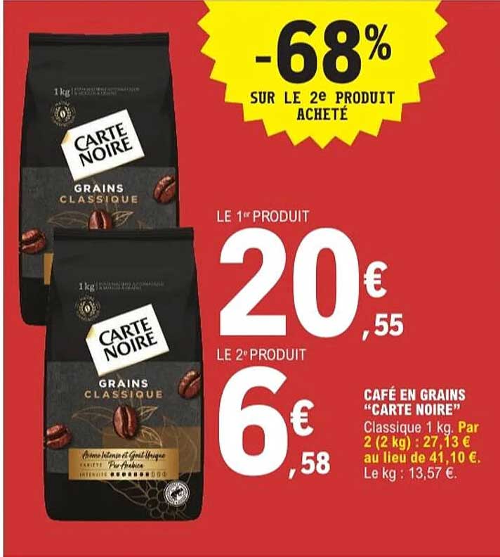 CAFÉ EN GRAINS “CARTE NOIRE” Classique 1 kg. Par 2 (2 kg)