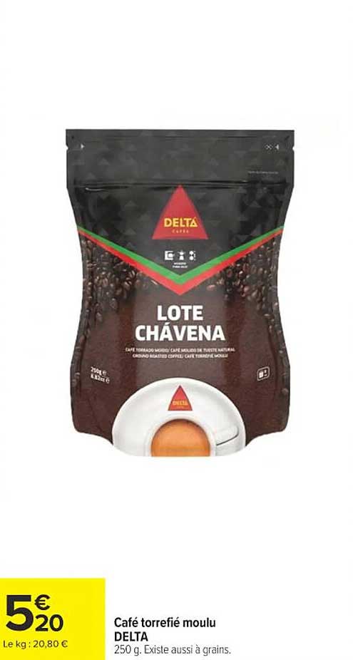 Café torréfié moulu DELTA 250 g. Existe aussi à grains.