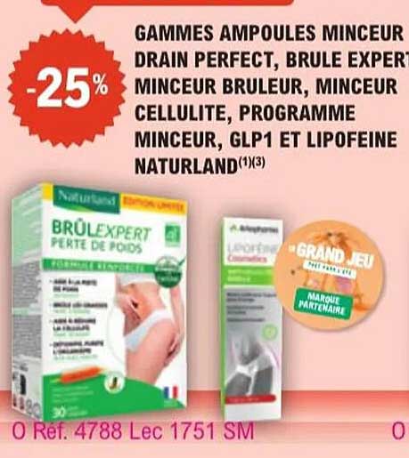 GAMMES AMPOULES MINCEUR DRAIN PERFECT, BRÛLE EXPERT, MINCEUR BRÛLEUR, MINCEUR CELLULITE, PROGRAMME MINCEUR, GLP1 ET LIPOFEINE NATURLAND(1)(3)