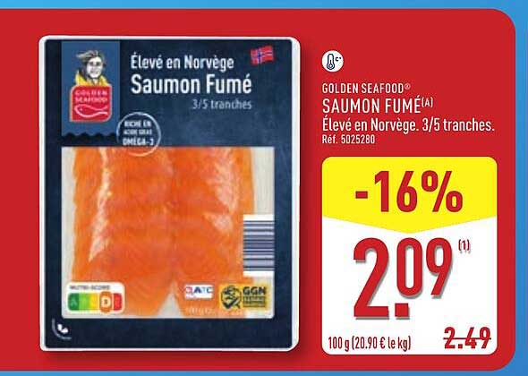 GOLDEN SEAFOOD® SAUMON FUMÉ Állevé en Norvège. 3/5 tranches.
