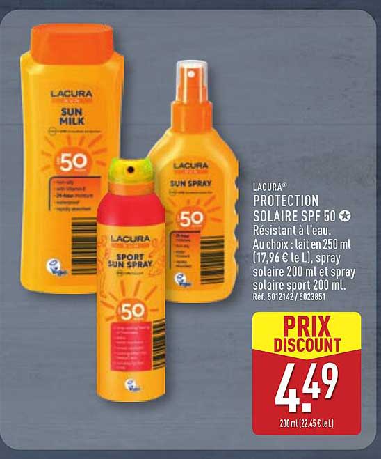 LACURA® PROTECTION SOLAIRE SPF 50 Résistant à l'eau. Au choix : lait en 250 ml, spray solaire 200 ml et spray solaire sport 200 ml.