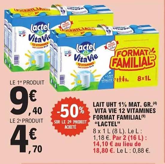 LAIT UHT 1% MAT. GR. VITA VIE 12 VITAMINES FORMAT FAMILIAL “LACTEL” 8 x 1 L (8 L)
