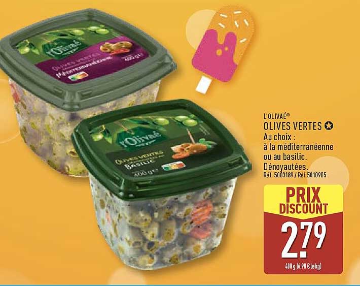 L'OLIVA® OLIVES VERTES à la méditerranéenne ou au basilic. Dénoyautées.