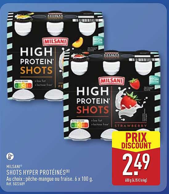 MILSANI SHOTS HYPER PROTÉINÉS(B) Au choix : pêche-mangue ou fraise. 6 x 100 g. Réf. 5022689