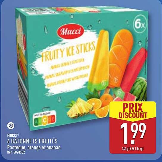 MUCCI® 6 BÂTONNETS FRUITÉS Pastèque, orange et ananas.