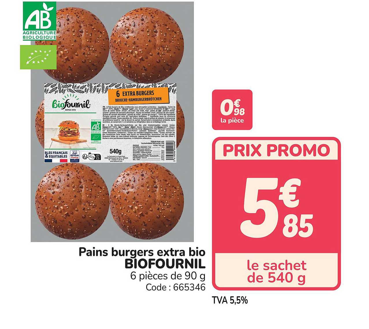 Pains burgers extra bio BIOFOURNIL 6 pièces de 90 g