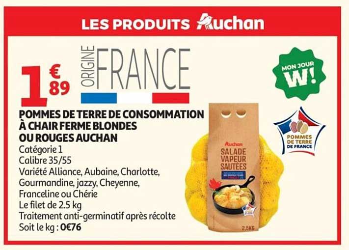 POMMES DE TERRE DE CONSOMMATION À CHAIR FERME BLONDES OU ROUGES AUCHAN