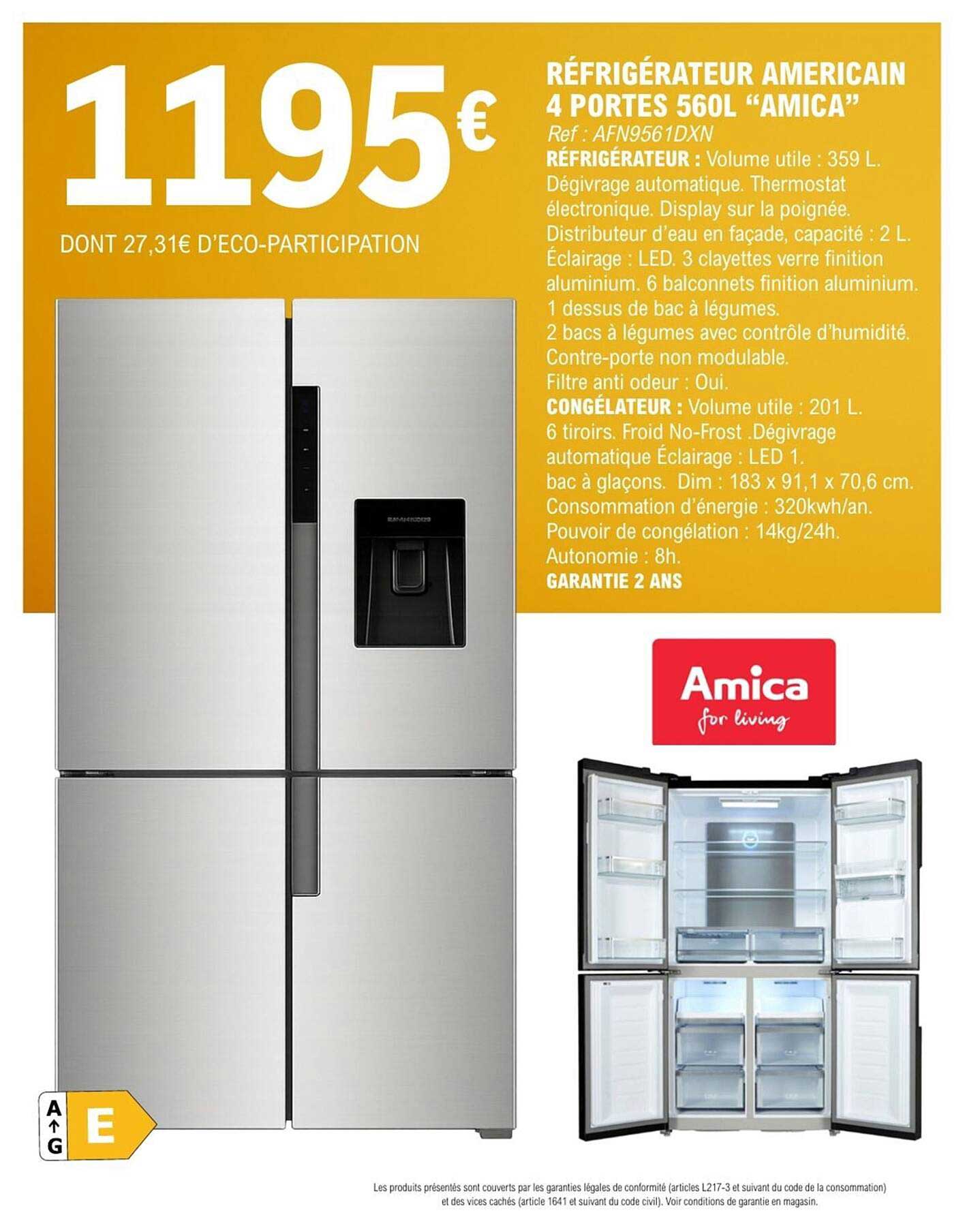 RÉFRIGÉRATEUR AMÉRICAIN 4 PORTES 560L “AMICA”
