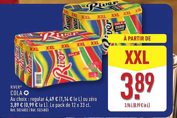 RIVER® COLA Au choix : regular 4,49 € (1,14 € le L) ou zéro 3,89 € (0,99 € le L). Le pack de 12 x 33 cl.