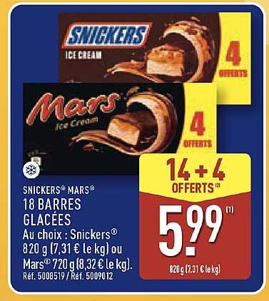 SNICKERS® MARS® 18 BARRES GLACÉES Au choix : Snickers® 820 g (7,31 € le kg) ou Mars® 720 g (8,32 € le kg). Ref. 5005917 / Ref. 5009012