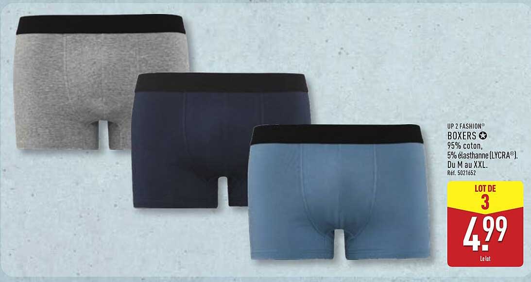 UP2 FASHION BOXERS 95% coton, 5% élasthanne (LYCRA®). Du M au XXL. Réf. 5021652