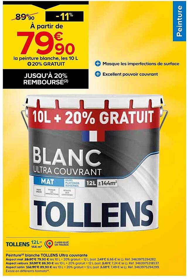 À partir de 79€90 la peinture blanche, les 10 L + 20% GRATUIT