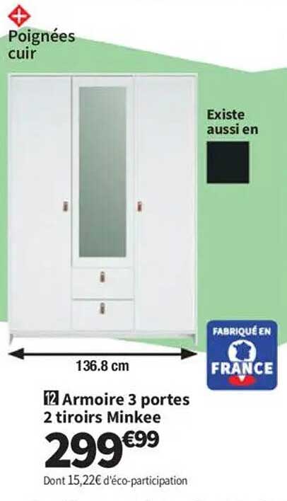 Armoire 3 portes 2 tiroirs Minkee