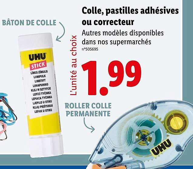 Colle, pastilles adhésives ou correcteur
