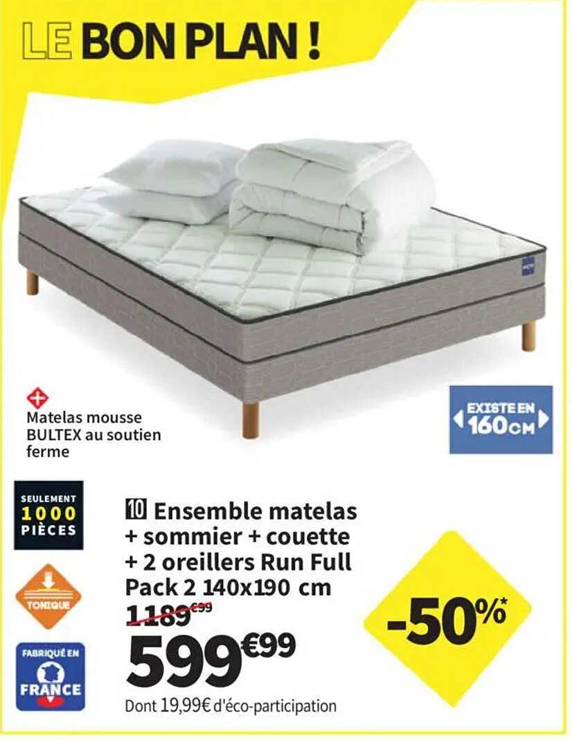 Ensemble matelas + sommier + couette + 2 oreillers Run Full Pack 2 140x190 cm