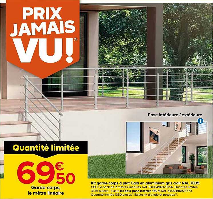 KIT GARDE-CORPS À PLAT CALA EN ALUMINIUM GRIS CLAIR RAL 7035
