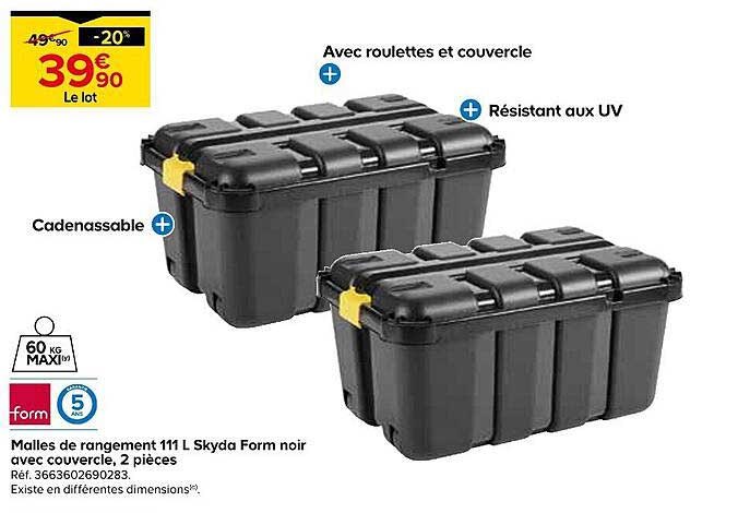 Malles de rangement 111 L Skyda Form noir avec couvercle, 2 pièces