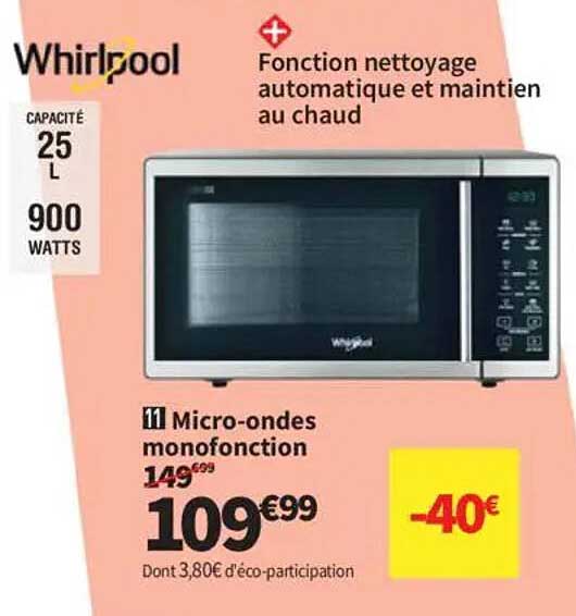 Micro-ondes monofonction Whirlpool 25L - 900 Watts