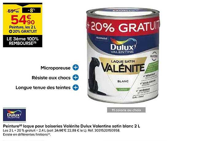 Peinture(6) laque pour boiseries Valénite Dulux Valentine satin blanc 2 L