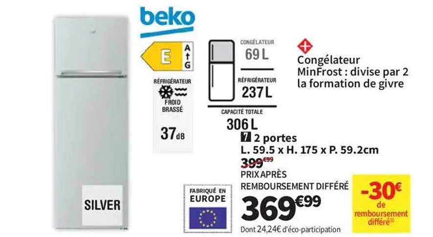 Réfrigérateur Beko 306 L avec congélateur MinFrost
