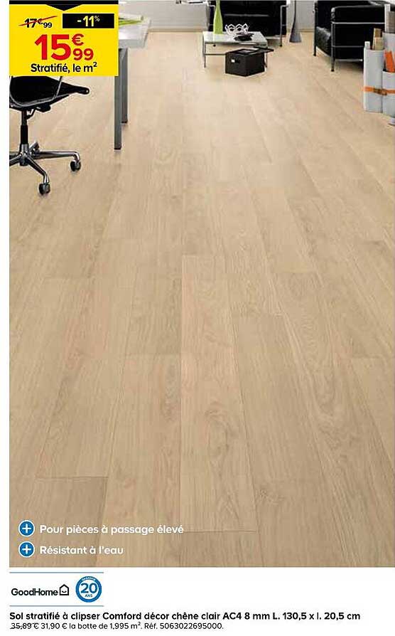 Sol stratifié à clipser Comford décor chêne clair AC4 8 mm L. 130,5 x l. 20,5 cm
