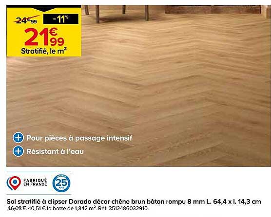 Sol stratifié à clipser Dorado décor chêne brun bâton rompu 8 mm