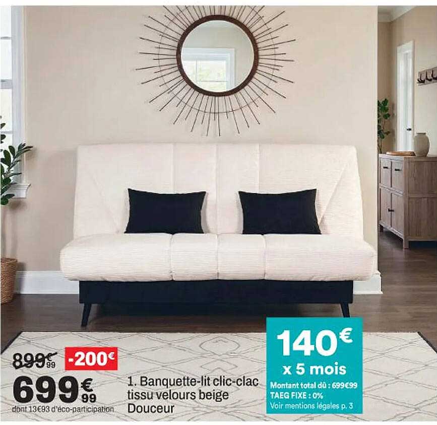 1. Banquette-lit clic-clac tissu velours beige Douceur