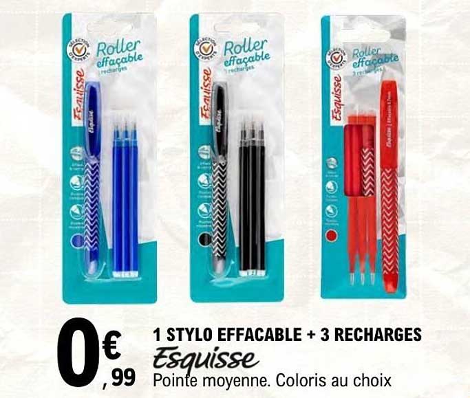 1 STYLO EFFACABLE + 3 RECHARGES Esquisse Pointe moyenne. Coloris au choix