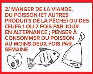 2/ MANGER DE LA VIANDE, DU POISSON (ET AUTRES PRODUITS DE LA PECHE) OU DES OEUFS 1 OU 2 FOIS PAR JOUR EN ALTERNANCE ; PENSER A CONSOMMER DU POISSON AU MOINS DEUX FOIS PAR SEMAINE