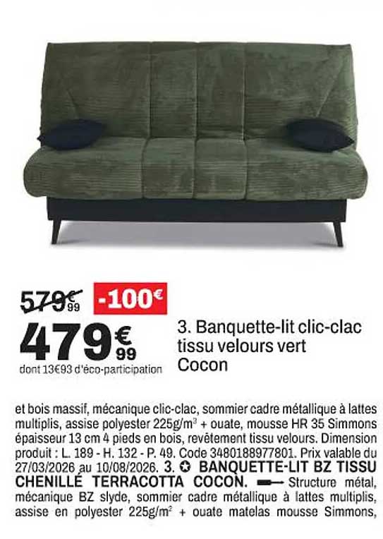 3. Banquette-lit clic-clac tissu velours vert Cocon