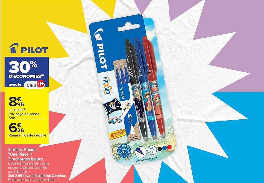 3 rollers FriXion "One Piece" + 3 recharges bleues