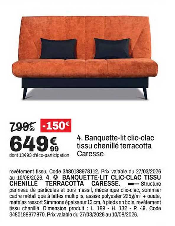 4. Banquette-lit clic-clac tissu chenillé terracotta Caresse