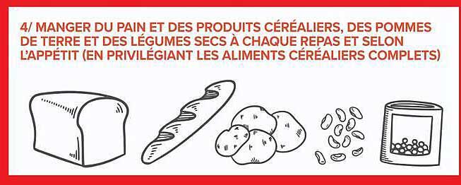 4/ MANGER DU PAIN ET DES PRODUITS CÉRÉALIERS, DES POMMES DE TERRE ET DES LÉGUMES SECS À CHAQUE REPAS ET SELON L’APPÉTIT (EN PRIVILÉGIANT LES ALIMENTS CÉRÉALIERS COMPLETS)