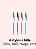 4 stylos à bille (bleu, noir, rouge, vert)