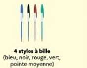 4 stylos à bille (bleu, noir, rouge, vert, pointe moyenne)