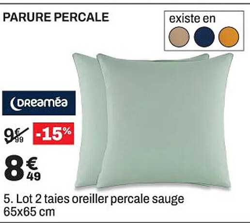 5. Lot 2 taies oreiller percale sauge 65x65 cm
