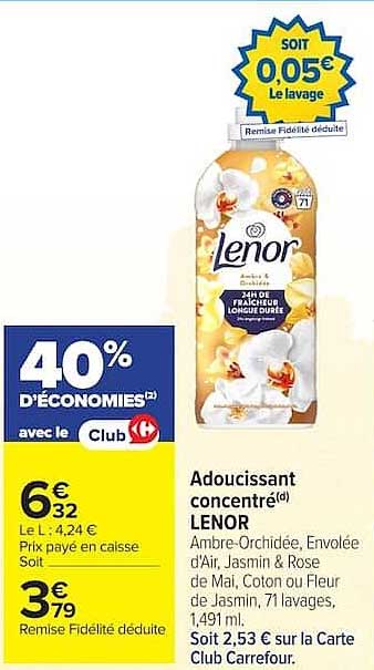 Adoucissant concentré LENOR Ambre-Orchidée, Envolée d’Air, Jasmin & Rose de Mai, Coton ou Fleur de Jasmin, 71 lavages, 1,491 ml