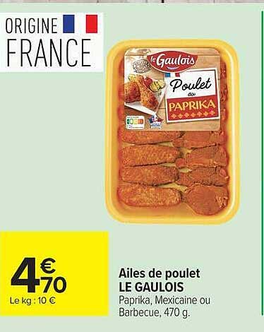 Ailes de poulet LE GAULOIS Paprika, Mexicaine ou Barbecue, 470 g.